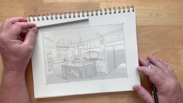 4k Custom Kitchen Photo Appears Over Artist Drawing On Pad of Paper