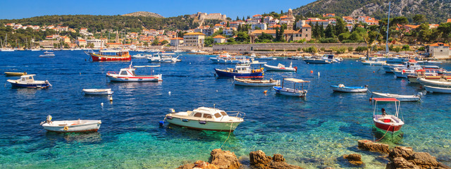 Coastal summer landscape - view of the City Harbour of the town of Hvar, on the island of Hvar, the...