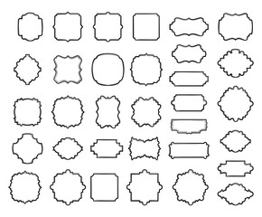 Minimal borders vector templates set. Creative vintage thin line monochrome frames pack isolated on white background. Elegant circle, round, square, rectangle shapes ornate vignettes collection