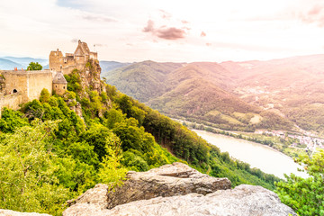 Fototapeta na wymiar Aggstein Castle ruins above Danube River in Wachau Valley, Austria. Sunset time