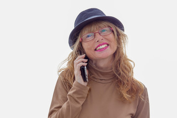 adult woman with hat and mobile phone isolated on white background