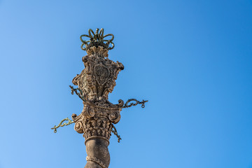Detail of the ornate carving of the Pillory or Pelourinho by the Se of Oporto in Portugal