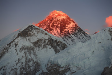 Everest. Red rays of the sun. Mountain landscape. Nepal