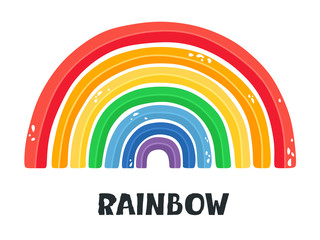 Obraz premium Art brush stroke of the color of the rainbow. Childish design for birthday invitation or poster, clothes and postcard. Vector isolate in cartoon style with handwritten text on a white background.