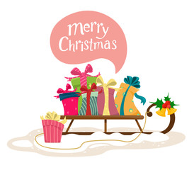 Cute illustration of Merry Christmas. Sled with gift boxes in the snow in cartoon flat style. Vector illustration with handwritten lettering.