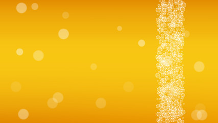 Oktoberfest background. Beer foam. Craft lager splash. Czech pint of ale with realistic white bubbles. Cool liquid drink for restaurant menu template. Gold cup with oktoberfest.