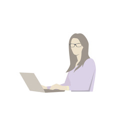 Businesswoman with glasses sitting and working with laptop, isolated vector flat design illustration