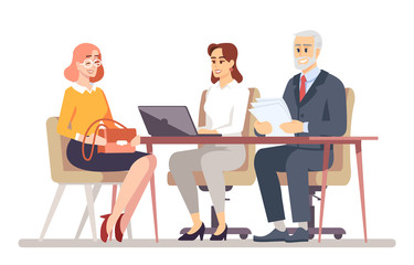 Fototapeta na wymiar Job interview flat vector illustration. Boss with personal assistant hiring employee. Banking consultation. HR managers and interviewer isolated cartoon characters on white background