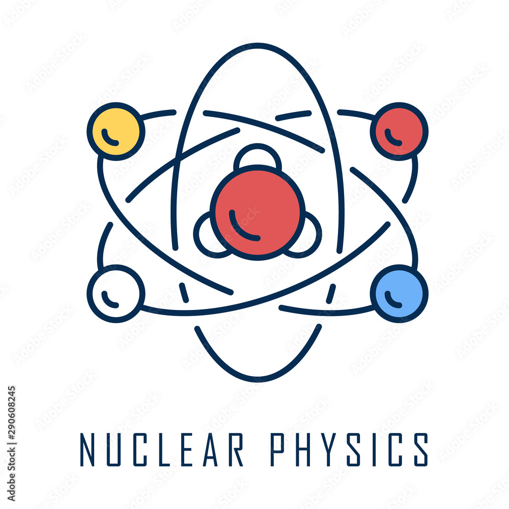 Poster nuclear physics color icon. atomic structure model. electrons, neutrons and protons. subatomic molec