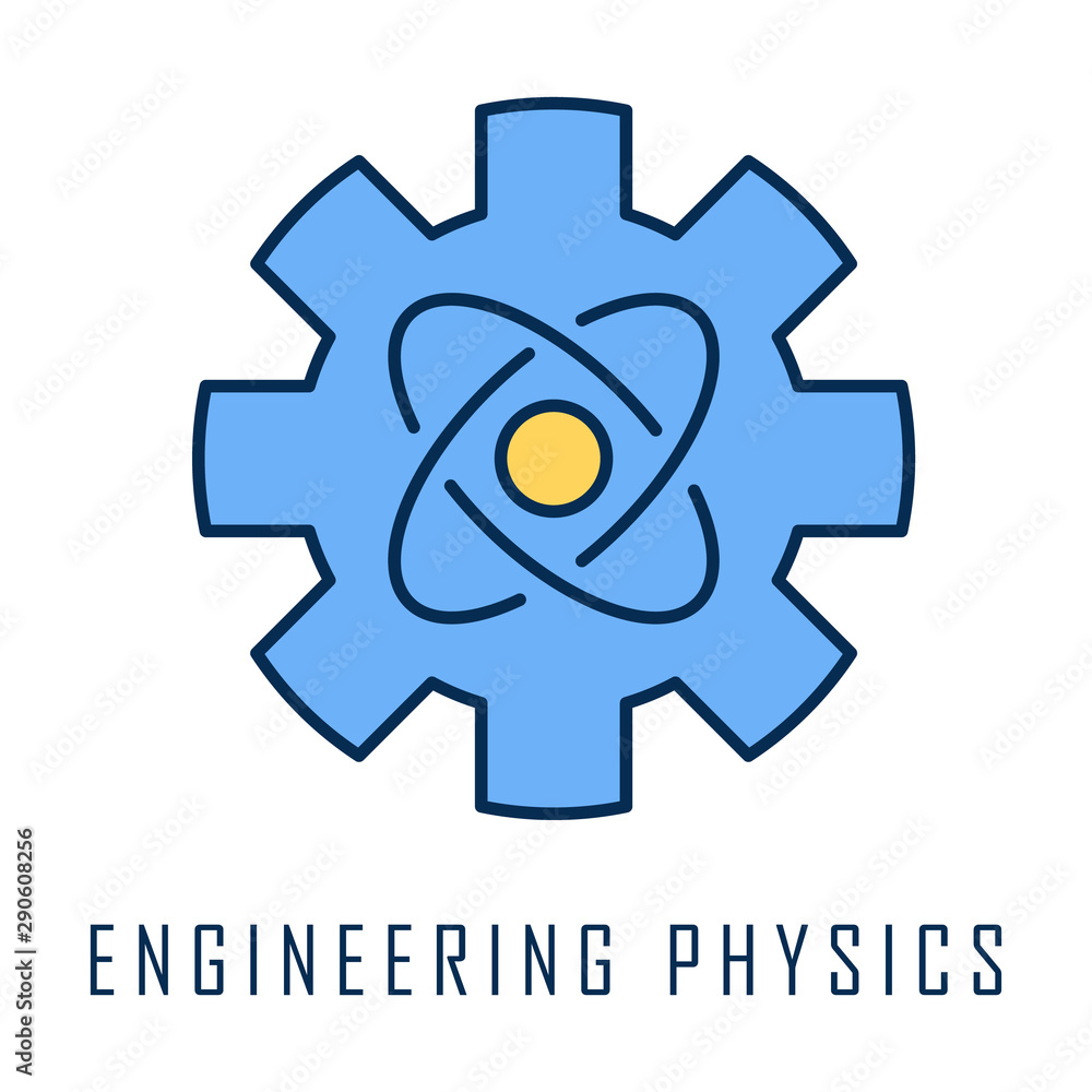 Poster engineering physics color icon. nanotech. cogwheel and atom structure model. mechanical engineering.