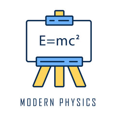 Modern physics color icon. Theory of relativity and quantum mechanics. Branch of physics. Up-to-date physics and learning. Einstein formula on whiteboard. Isolated vector illustration