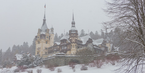Peles Castle in Romania Predeal, blizzard in Brasov Sinaia