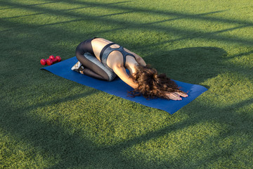 A young slim athletic girl in sportswear with snakeskin prints performs a set of exercises. Fitness...
