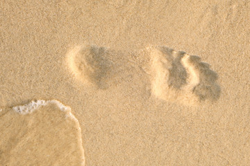 The footprint of a woman on the clean sand near the ocean