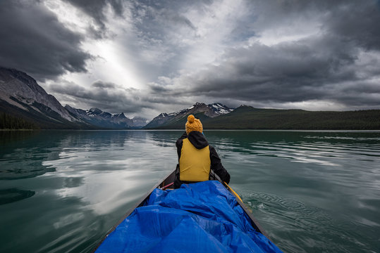 Canoeing on Maligne Lake, Alberta, Canada