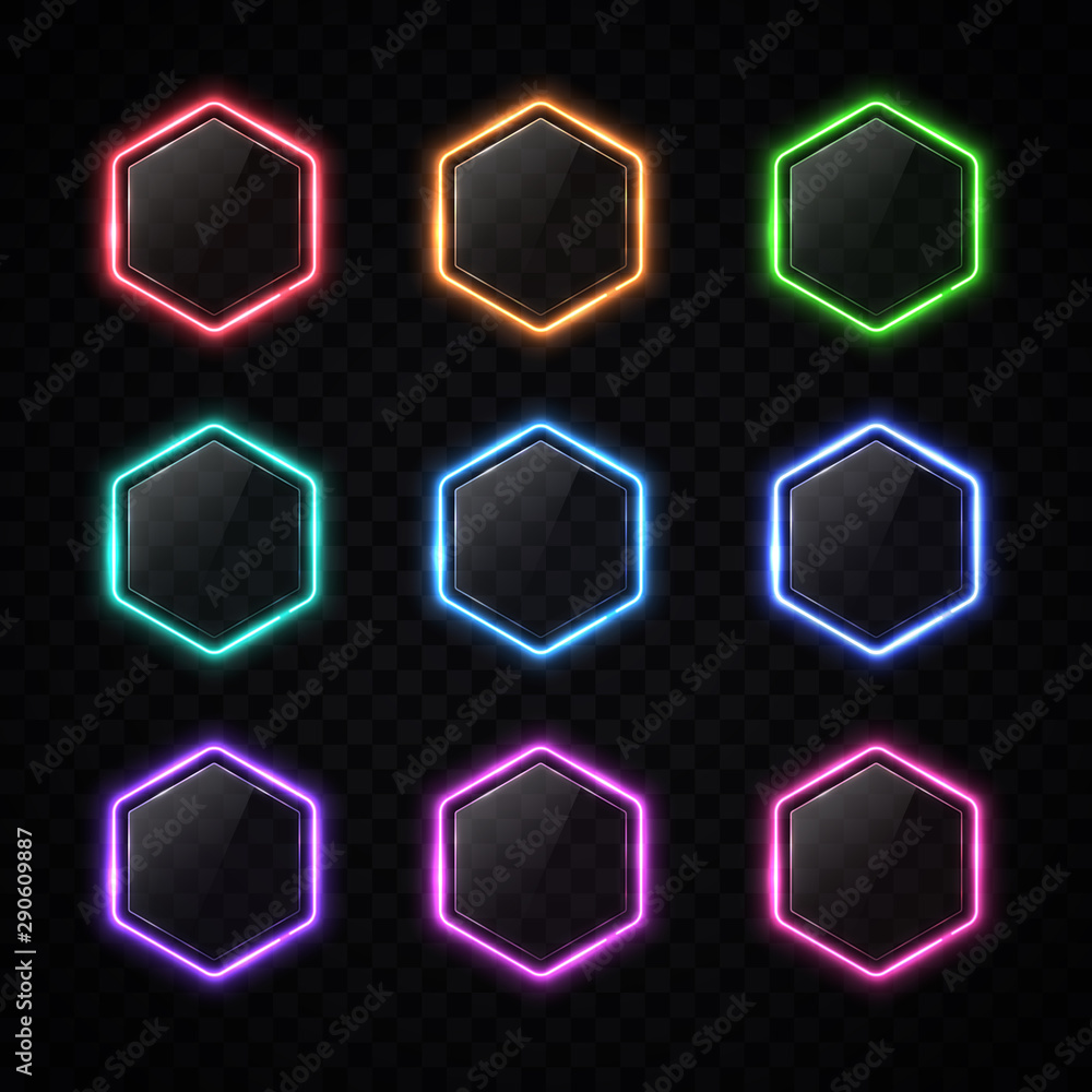 Poster modern neon hexagon frame set on transparent background. color web buttons with glare plastic plate.