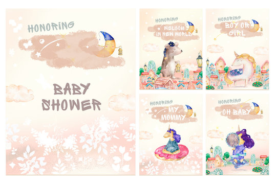 Cute set for baby shower watercolor illustration, birthday greeting cards,posters for baby room, invite, kids, honoring. Hand drawn nursery illustration. Funny unicron, moon, house and tree.