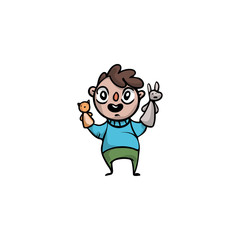 Boy puppeteer holding animals puppets on hands vector illustration