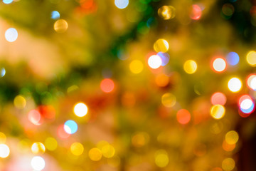 Defocused Christmas lights bokeh background. Christmas bokeh - Christmas tree in lights. Christmas concept.