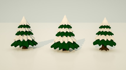 three-dimensional stylized Christmas trees with snowy branches. 3d rendering. illustration