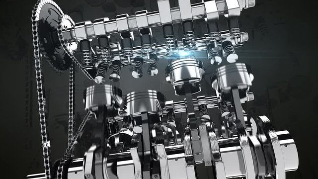 3D Animation Of A Fuel Injected V8 Engine With Visual Effects. Pistons And Other Mechanical Parts Are In Motion.