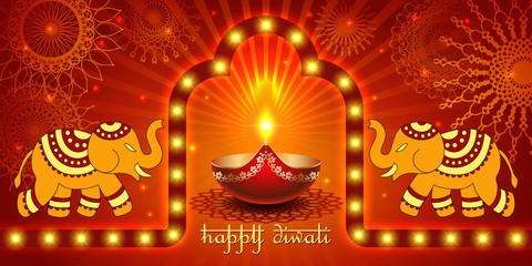 Vector banner India Diwali, Deepavali festival of lights, red background Dipavali with gold ornaments, elephants, fire glowing lamp, flashes and sparks, illustration.