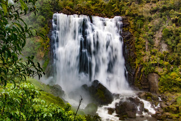 Obraz premium The beautiful and powerful Marokopa Falls deep in lush green native bush in New Zealand