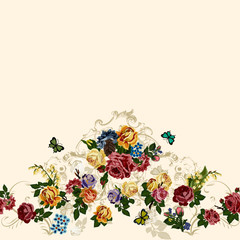 Victorian roses, butterflies in French scroll frames, with French script in background. This vector image is great for greeting cards, wedding invitation, Victorian style projects. Beige background. 