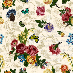 Victorian roses, butterflies in French scroll frames, with French script in background. This vector image is great for greeting cards, wedding invitation, Victorian style projects. Beige background. 
