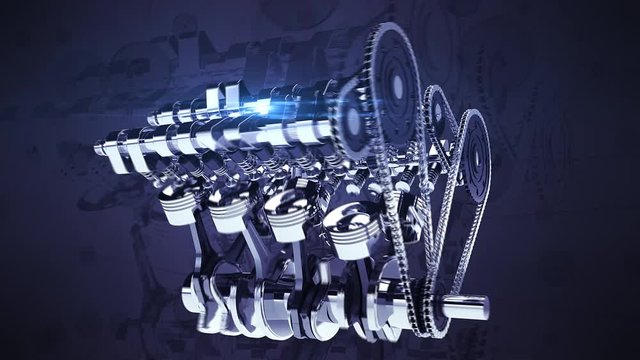 Shiny 3D V8 Engine Animation With Motion Graphics Background - Camera Flying Around Slowly. Pistons And Other Mechanical Parts Are In Motion.