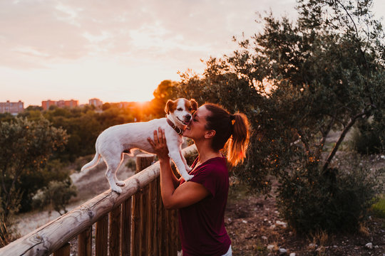 young woman and her cute small jack russell terrier dog watching sunset outdoors in a park. Golden hour. Love for animals concept