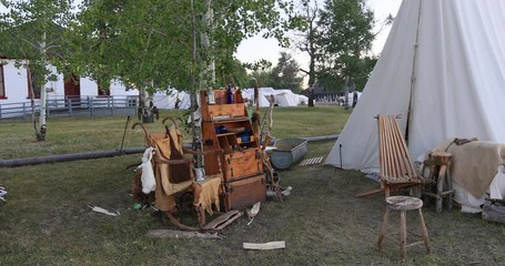 Fort Bridger Mountain Man rendezvous Indian bison skull. 19th century fur trading outpost on Oregon, California, and Mormon Trail. Pioneer, wilderness, camping and old trapper skills.