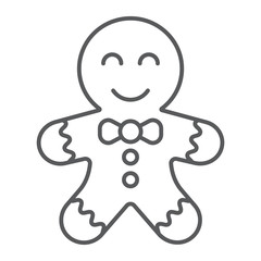 Gingerbread cookie thin line icon, christmas and sweets, xmas dessert sign, vector graphics, a linear pattern on a white background.