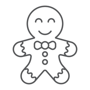 Gingerbread cookie thin line icon, christmas and sweets, xmas dessert sign, vector graphics, a linear pattern on a white background.
