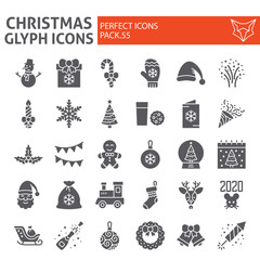 Christmas glyph icon set, holiday symbols collection, vector sketches, logo illustrations, new year signs solid pictograms package isolated on white background.