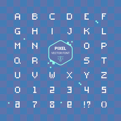 Pixel retro font Video computer game design 8 bit letters and numbers Electronic futuristic style Vector abc