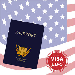 The United States EB-5 visa, employment-based visa, provides a method for eligible Immigrant Investors to become lawful permanent residents. American passport mock up. 80% applies from Iran, Japan etc