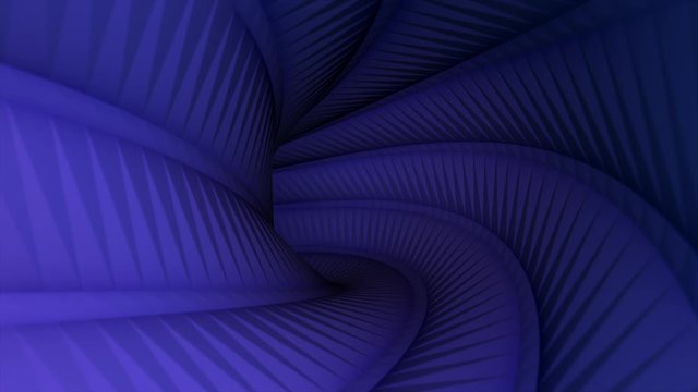 Moving slowly through colorful twisted tunnel with convex longitudinal stripes, seamless loop. Animation. 3D view inside a curved pipe of blue color.