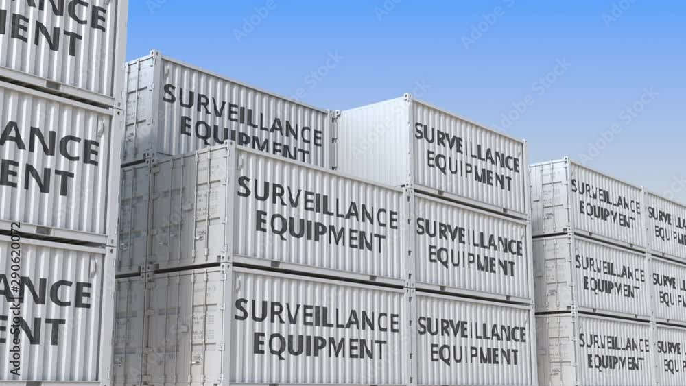 Poster container yard full of containers with surveillance equipment. production, export or import related 