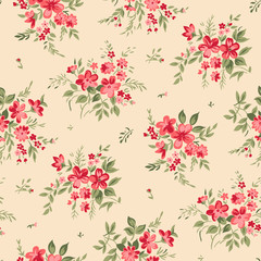 Seamlessly repeating little pink floral bouquet over a pale yellow background
