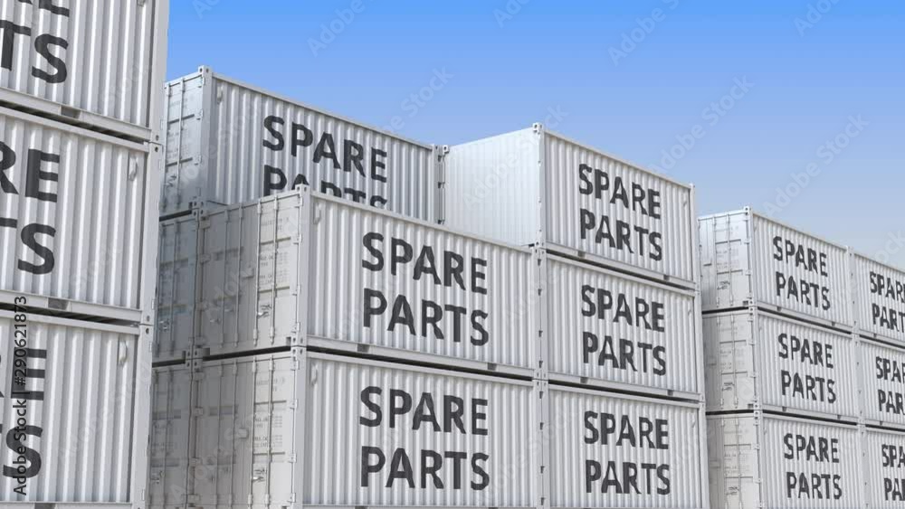 Poster container terminal full of containers with spare parts. production, export or import related loopabl