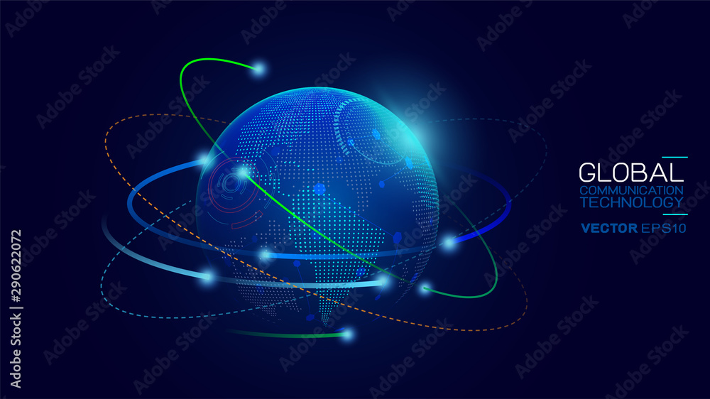Poster world data connecting network and communications concept with map dots and mesh on background. abstr