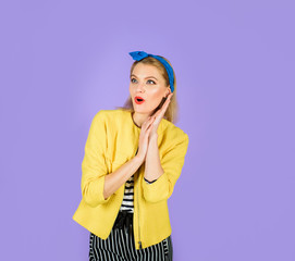 Emotional girl. Smiling woman with clean skin, bright make-up. Smiling woman dressed in pin-up style. Retro fashion and vintage concept. Pin-up girl. Expressive facial expressions. Smiling retro girl.