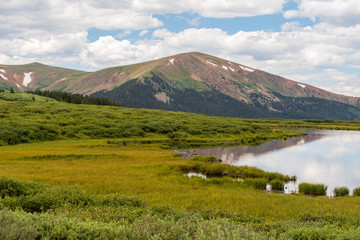 Guanella Pass landscape of alpine meadow, small lake and mountains
