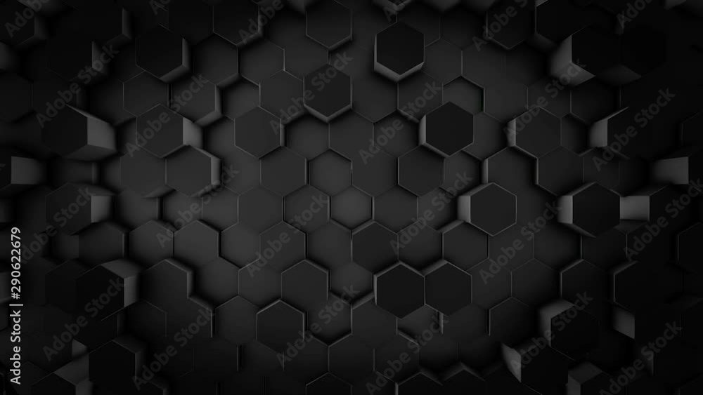 Poster abstract futuristic surface with the rows of moving black hexagon figures, geometric pattern, seamle