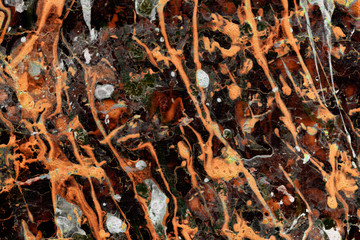 spreading drawn texture intersecting of soft water orange, brown and green lines marbled on black background