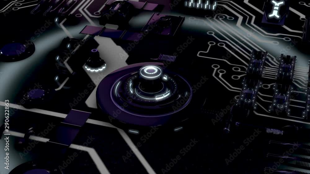 Poster top view over the rotating detail of the circuit board with microchips, capacitors and other motherb