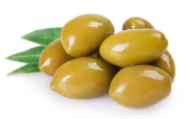 Green olives on white background