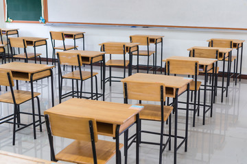 Lecture room or School empty classroom with desks and chair iron wood for studying lessons in high school thailand, interior of secondary education, with whiteboard, vintage tone educational concept