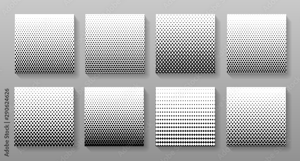Aufkleber Set of geometric halftone patterns vector design. Fade gradient backgrounds collection.